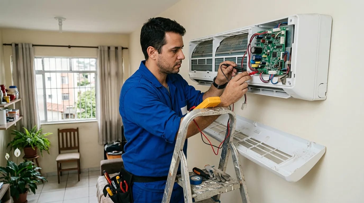 Eletricista ligando a placa do ar-condicionado split em Fortaleza‑CE